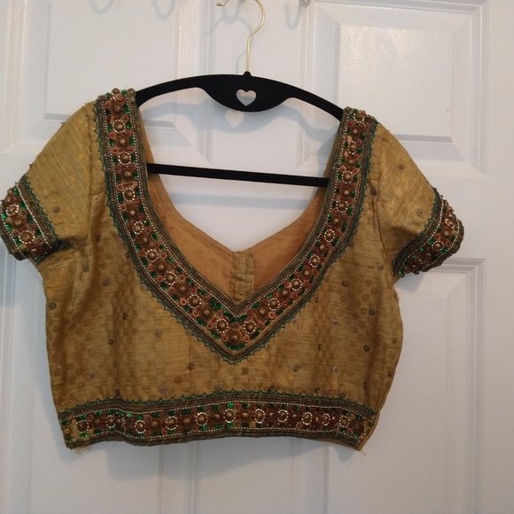 Gold saree/lehenga blouse crop top with hand embroidery and sequins - Picture 2 of 8